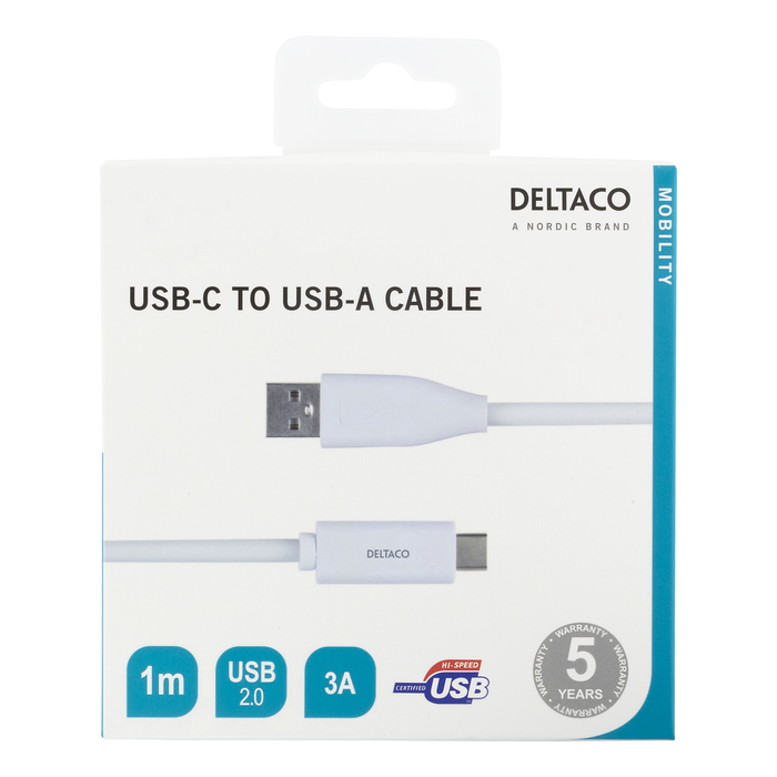 USB-A til USB-C Ladekabel 1 m 3 A Hvid